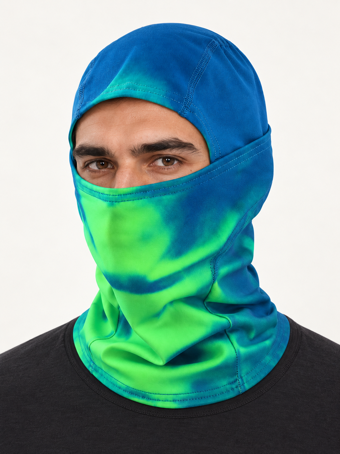 Studio model wearing Blue / Green balaclava