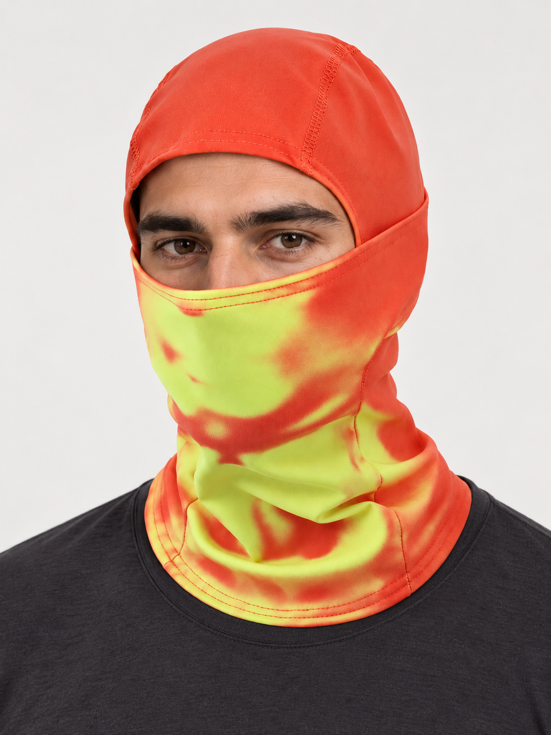 Studio model wearing Orange / Yellow balaclava