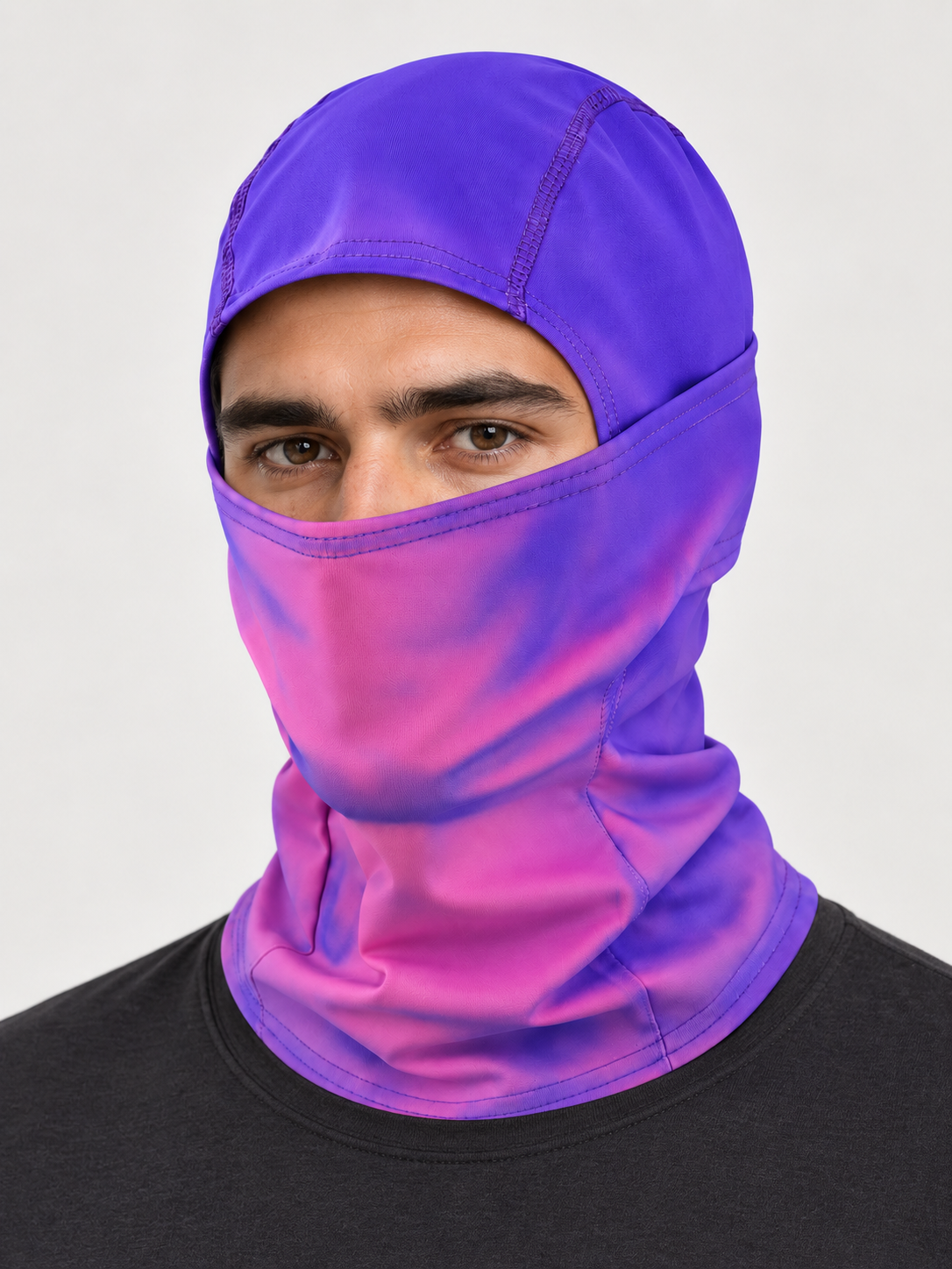 Studio model wearing Purple / Pink balaclava