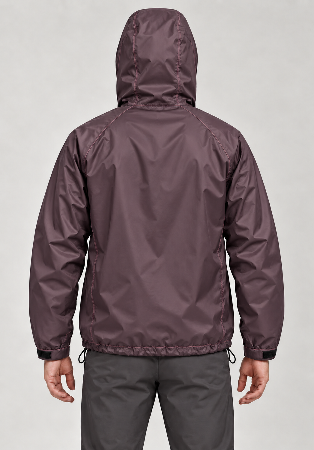 Back studio view of the dry charcoal shell with structured hood