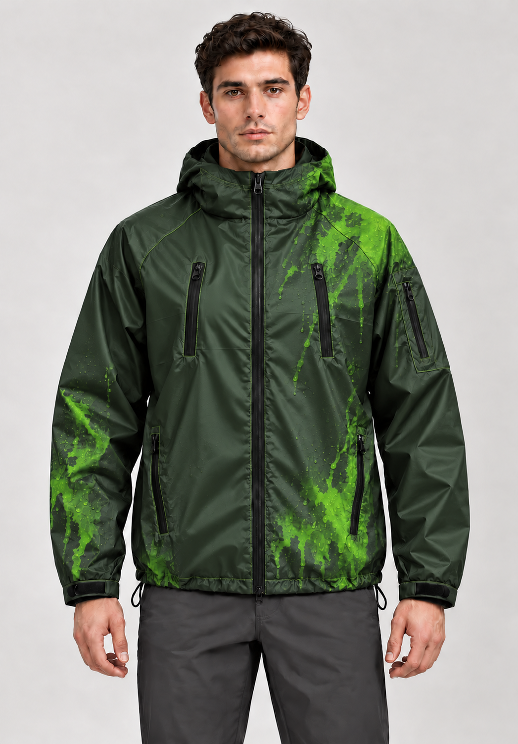 Studio model wearing Black / Green jacket with localized thermochromic colour reveal