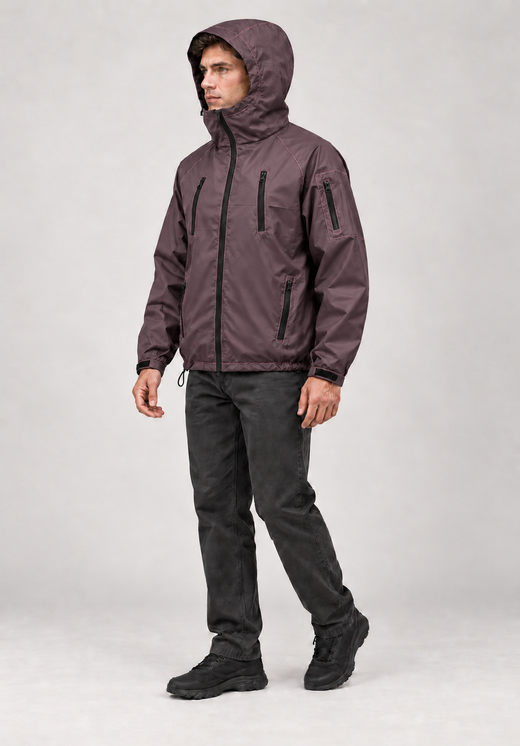 Natural three-quarter studio stance, dry charcoal shell
