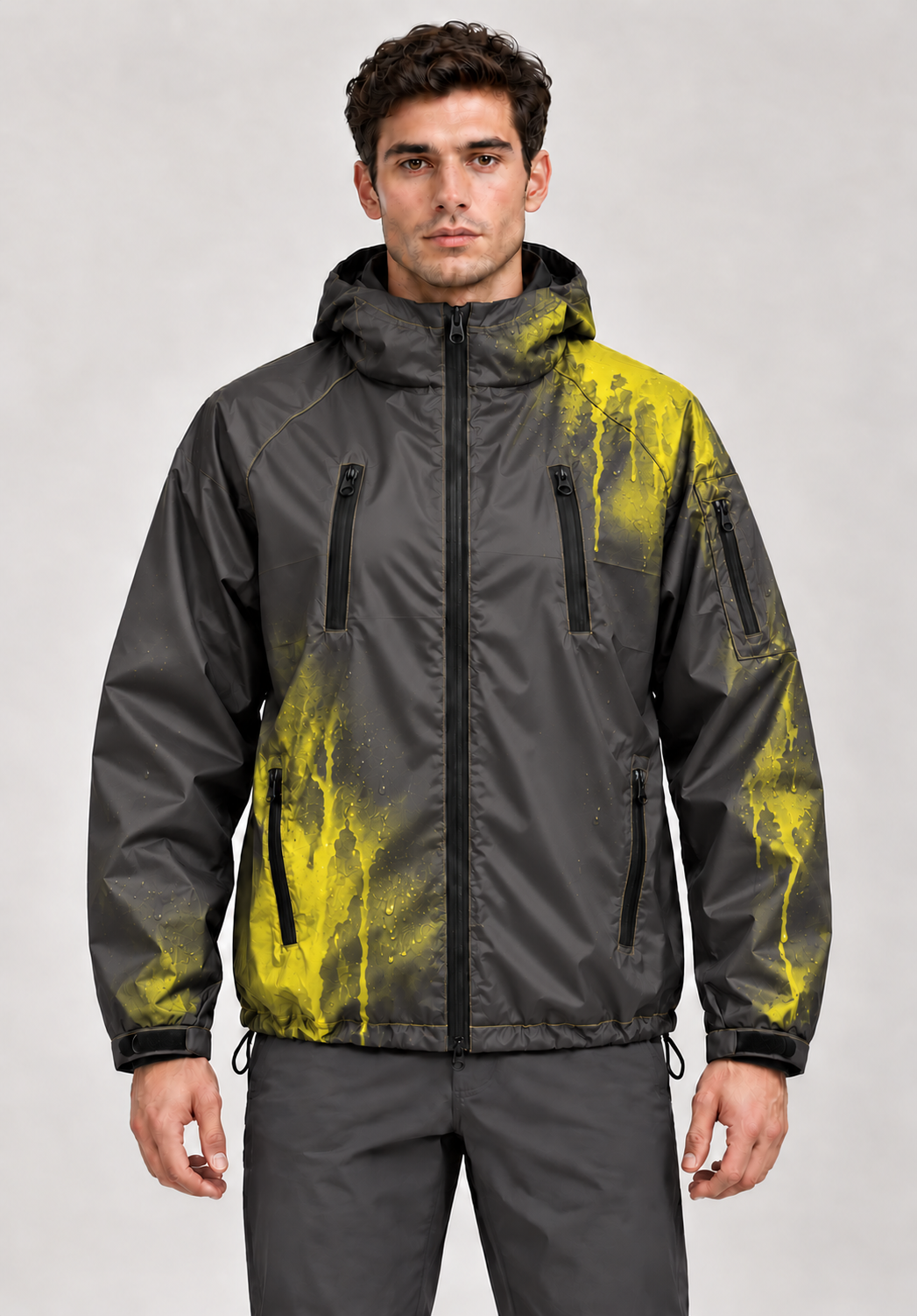 Studio model wearing Black / Yellow jacket with localized thermochromic colour reveal