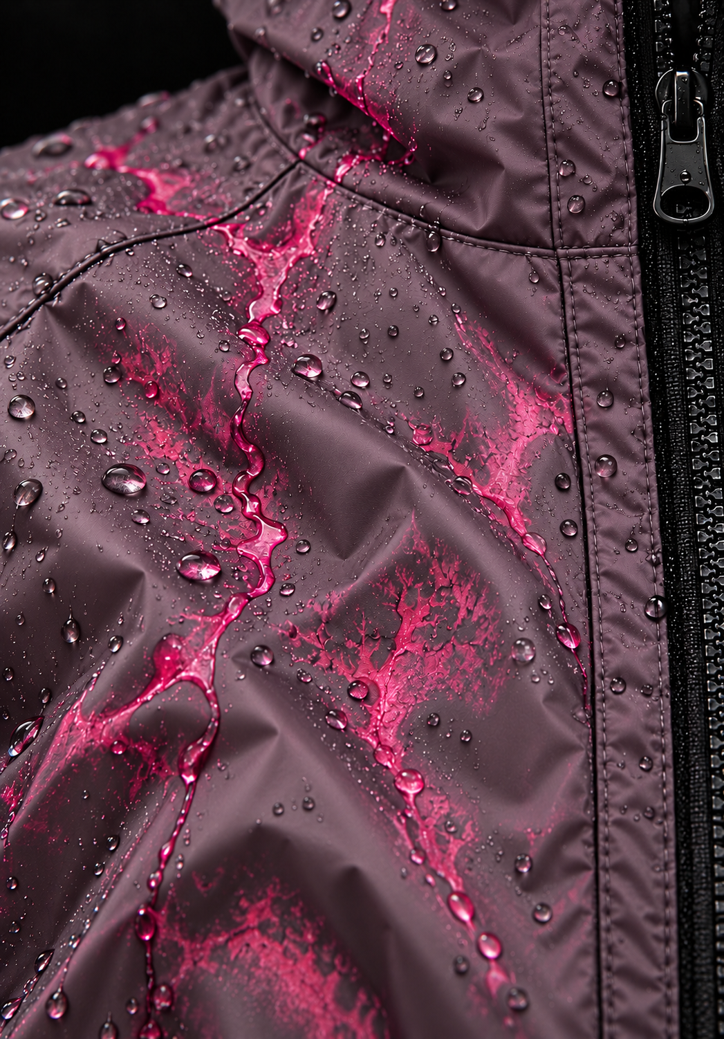 Water droplets and an organic pink colour reveal on the shell textile