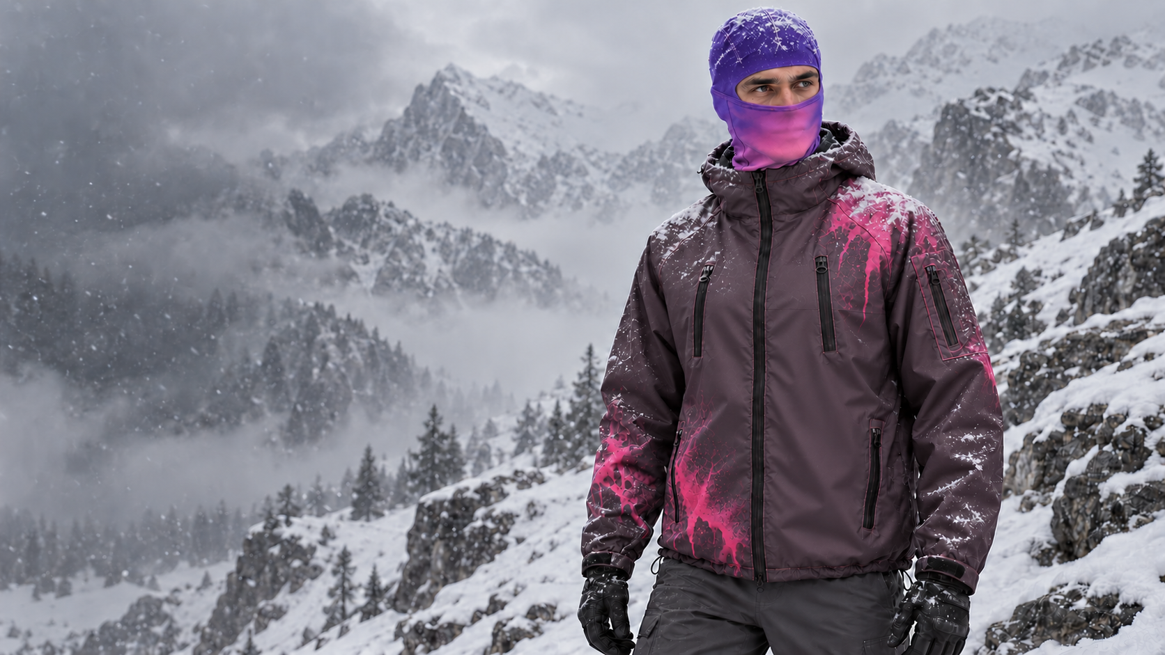 Model wearing the smoky-plum Atmos Shell and purple-to-pink balaclava with pink thermal reveals and settled snow on an alpine slope